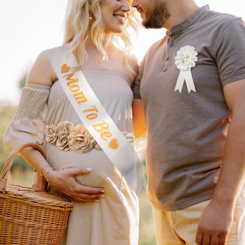 WeddingSteps Baby Shower Maternity Sash Belly Belt-Pink Flower Sash Set Mom to Be & Dad to Be Corsage Pins for Gender Reveal - Image 5